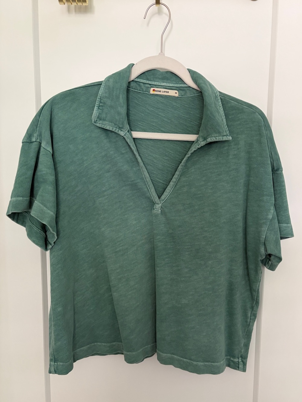 Marine Layer Women’s Polo Tee Medium Green Cotton Short Sleeve Relaxed Slub Top
